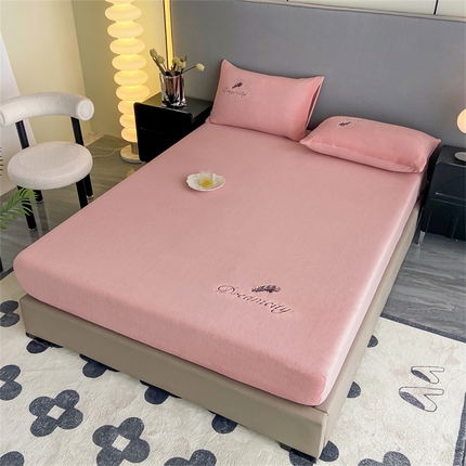 古吉梦 2023新款牛奶绒刺绣床笠-羽梦 羽梦-暖心粉