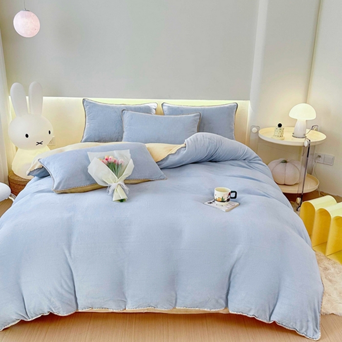 91家纺网 家纺一手货源 找家纺 迷仙巢家纺 2023新款贝壳绒四件套 天空蓝加奶油黄