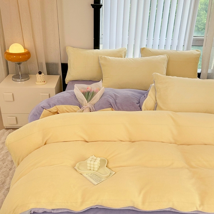 91家纺网 家纺一手货源 找家纺 迷仙巢家纺 2023新款双拼牛奶绒四件套 奶油黄加浅紫