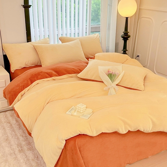 91家纺网 家纺一手货源 找家纺 迷仙巢家纺 2023新款双拼牛奶绒四件套 奶油黄加焦糖