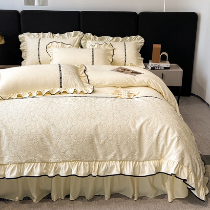 91家纺网 家纺一手货源 找家纺 （总）乐卧家居 2026新款时尚压花撞色织带荷叶边四件套-丽可系列