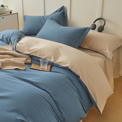 2023A类纯色纯棉磨毛单被套 宾利蓝+奶昔白