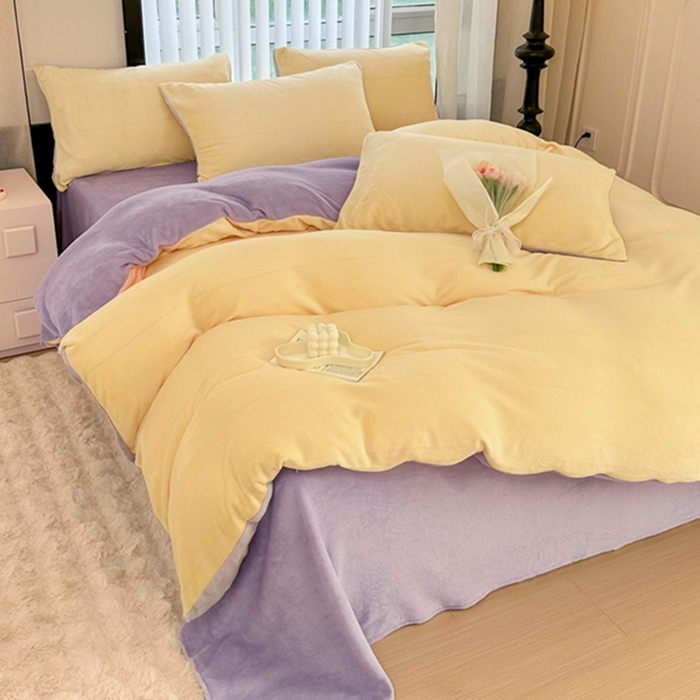 91家纺网 家纺一手货源 找家纺 迷仙巢家纺 2023新款双拼牛奶绒四件套 奶油黄加浅紫