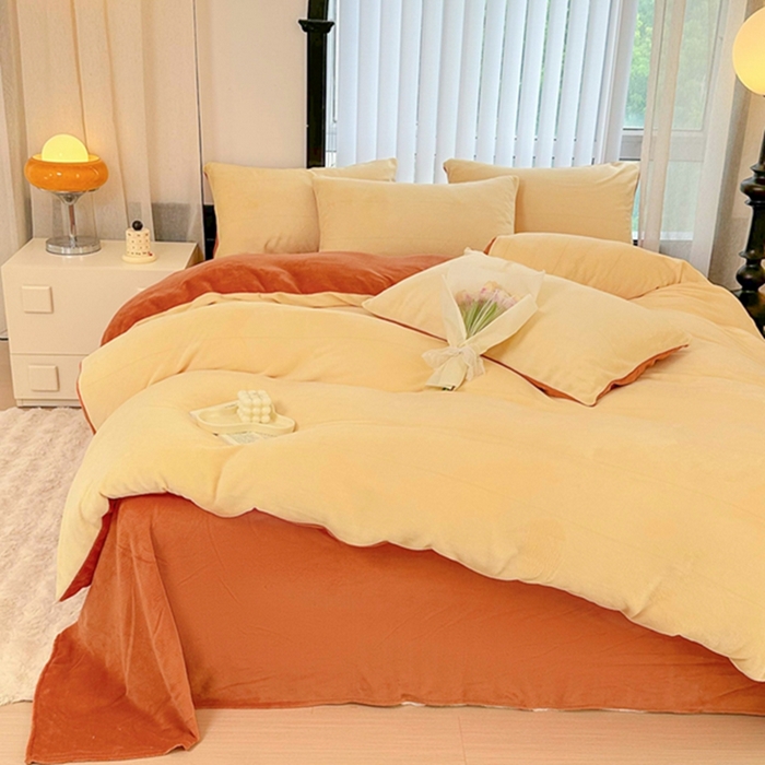 91家纺网 家纺一手货源 找家纺 迷仙巢家纺 2023新款双拼牛奶绒四件套 奶油黄加焦糖