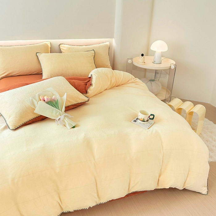 91家纺网 家纺一手货源 找家纺 迷仙巢家纺 2023新款贝壳绒四件套 奶油黄加焦糖