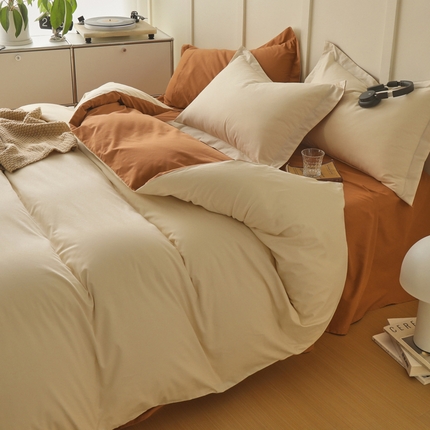2023A类纯色纯棉磨毛单被套 奶玉+赤堤