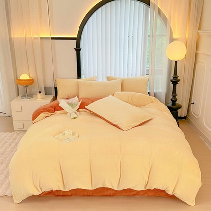 迷仙巢家纺 2023新款双拼牛奶绒四件套 奶油黄加焦糖