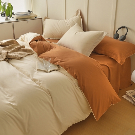 91家纺网 家纺一手货源 找家纺 2023A类纯色纯棉磨毛单被套 奶玉+赤堤