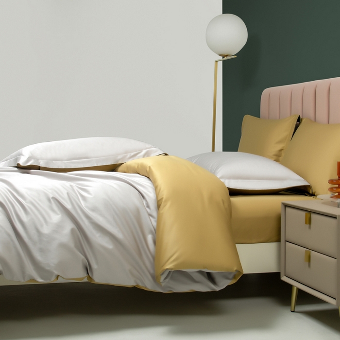 91家纺网 家纺一手货源 找家纺 2023A类长绒棉纯色四件套 天空灰&落叶黄