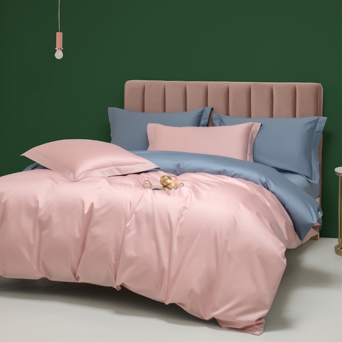 91家纺网 家纺一手货源 找家纺 2023A类长绒棉纯色四件套 莫兰迪粉&鲸鱼蓝