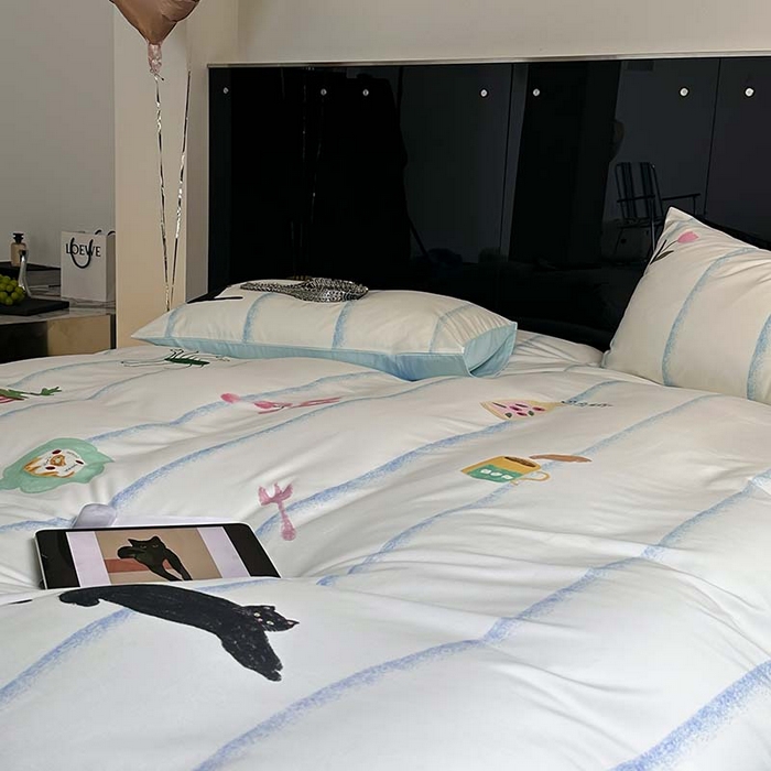 91家纺网 家纺一手货源 找家纺 圆岛家纺 2023冬季新款全棉加厚磨毛刺绣四件套-场景一 猫咪日记