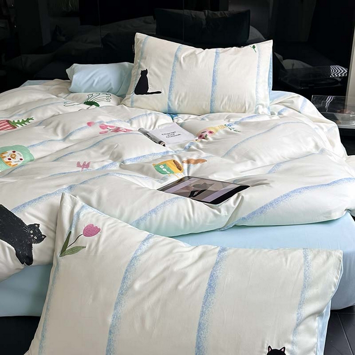 91家纺网 家纺一手货源 找家纺 圆岛家纺 2023冬季新款全棉加厚磨毛刺绣四件套-场景一 猫咪日记