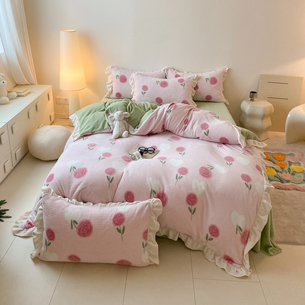 潘朵拉家纺 2023新款雕花韩式华夫格花边牛奶绒四件套  暖心玫瑰（粉）