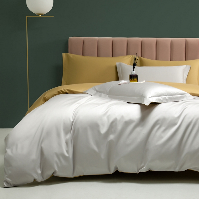 91家纺网 家纺一手货源 找家纺 2023A类长绒棉纯色四件套 天空灰&落叶黄