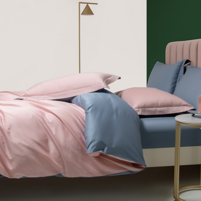 91家纺网 家纺一手货源 找家纺 2023A类长绒棉纯色四件套 莫兰迪粉&鲸鱼蓝