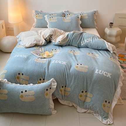 潘朵拉家纺 2023新款雕花韩式华夫格花边牛奶绒四件套  幸运鳄