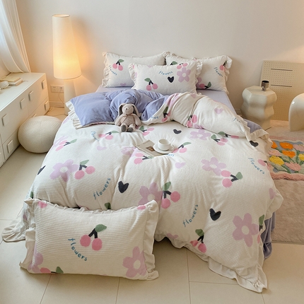 潘朵拉家纺 2023新款雕花韩式华夫格花边牛奶绒四件套  樱樱花语