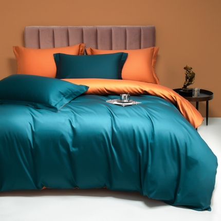 91家纺网 家纺一手货源 找家纺 2023A类长绒棉纯色四件套 威尼斯蓝&落日橙