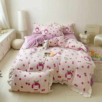 潘朵拉家纺 2023新款雕花韩式华夫格花边牛奶绒四件套  果酱熊