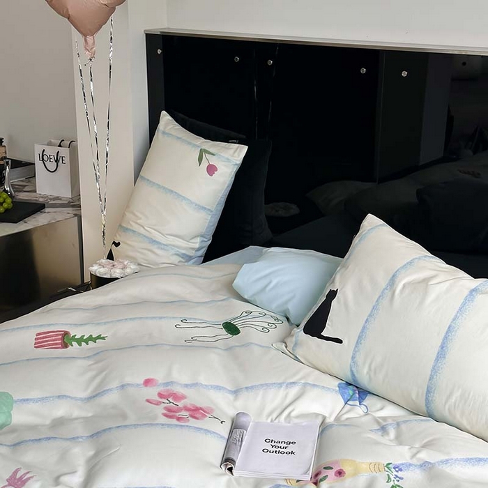 91家纺网 家纺一手货源 找家纺 圆岛家纺 2023冬季新款全棉加厚磨毛刺绣四件套-场景一 猫咪日记