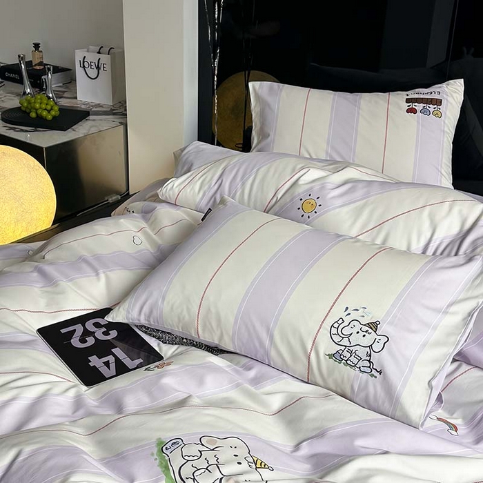 91家纺网 家纺一手货源 找家纺 圆岛家纺 2023冬季新款全棉加厚磨毛刺绣四件套-场景一 假日小象