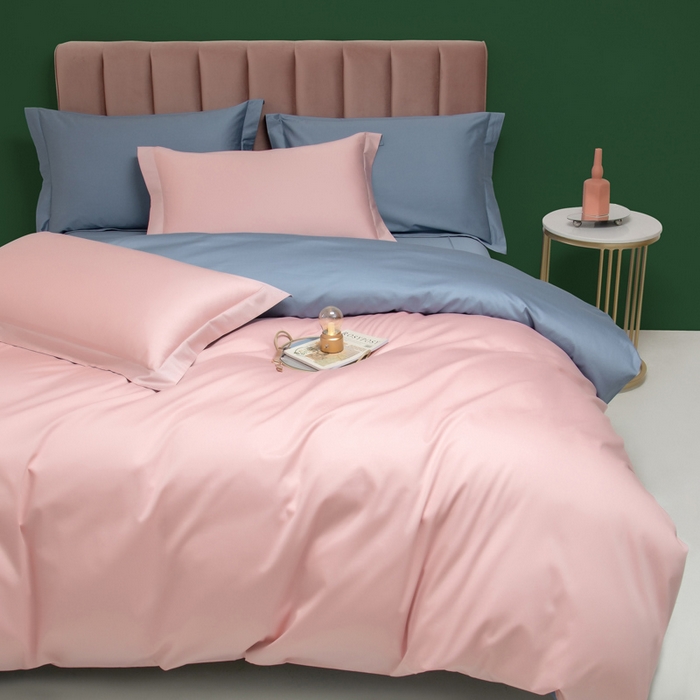 91家纺网 家纺一手货源 找家纺 2023A类长绒棉纯色四件套 莫兰迪粉&鲸鱼蓝