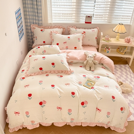 91家纺网 家纺一手货源 找家纺 懒猫家纺 2024新款韩版牛奶绒四件套 郁金香