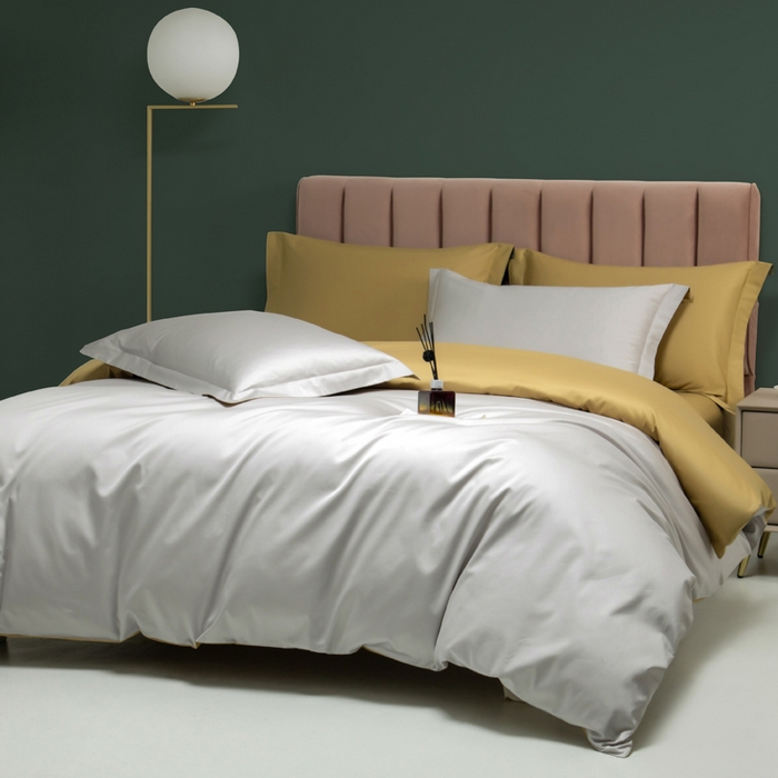 91家纺网 家纺一手货源 找家纺 2023A类长绒棉纯色四件套 天空灰&落叶黄