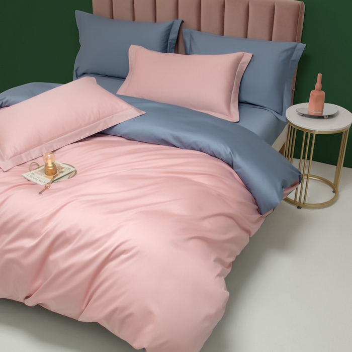 91家纺网 家纺一手货源 找家纺 2023A类长绒棉纯色四件套 莫兰迪粉&鲸鱼蓝