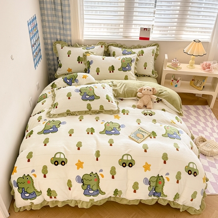 91家纺网 家纺一手货源 找家纺 懒猫家纺 2024新款韩版牛奶绒四件套 泡泡恐龙