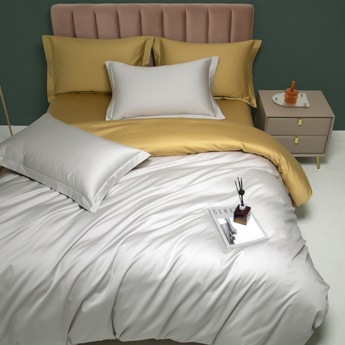 91家纺网 家纺一手货源 找家纺 2023A类长绒棉纯色四件套 天空灰&落叶黄