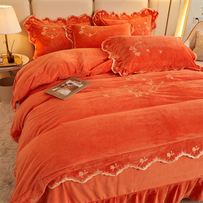 91家纺网 家纺一手货源 找家纺 恒爱家纺 2023新款宝宝绒花好月圆床单款四件套 爱玛橙