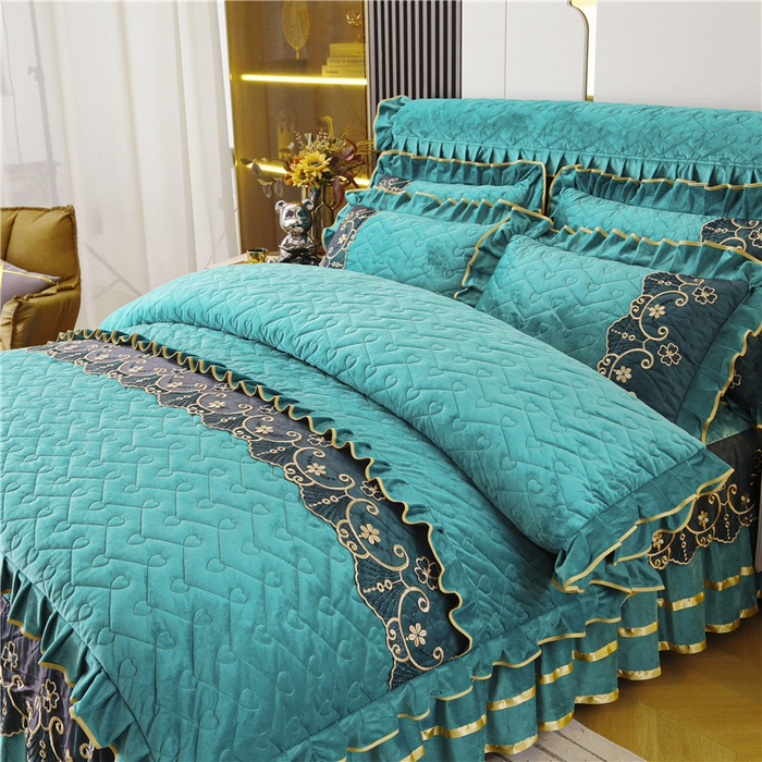 91家纺网 家纺一手货源 找家纺 新款心心相印蕾丝款水晶绒保暖床裙四件套 心心相印蕾丝款-翡翠绿