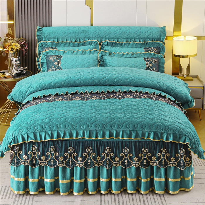 91家纺网 家纺一手货源 找家纺 新款心心相印蕾丝款水晶绒保暖床裙四件套 心心相印蕾丝款-翡翠绿