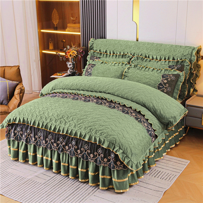 91家纺网 家纺一手货源 找家纺 新款心心相印蕾丝款水晶绒保暖床裙四件套 心心相印蕾丝款-橄榄绿