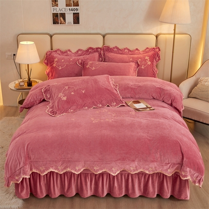 恒爱家纺 2023新款宝宝绒花好月圆床单款四件套 豆沙