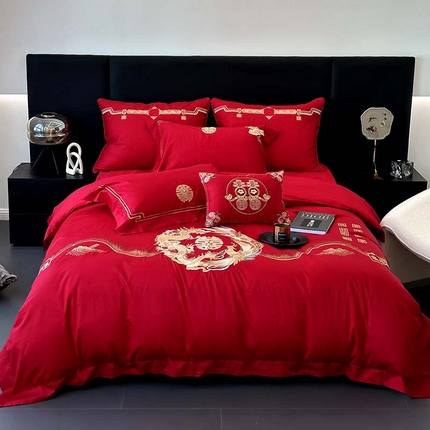 91家纺网 家纺一手货源 找家纺 JUICY 橘滋家纺 2023新款轻奢高端进口长绒棉刺绣婚庆四件套 江山龙凤