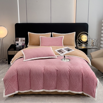 金米诺 2024直播爆款轻奢宽边纯色立体雕花牛奶绒四件套 豆沙