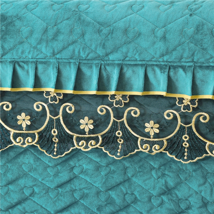 91家纺网 家纺一手货源 找家纺 新款心心相印蕾丝款水晶绒保暖床裙四件套 心心相印蕾丝款-翡翠绿