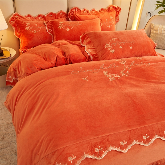 91家纺网 家纺一手货源 找家纺 恒爱家纺 2023新款宝宝绒花好月圆床单款四件套 爱玛橙