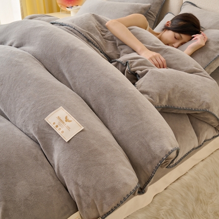 21度C 2023新款加厚保暖云朵牛奶绒四件套 云朵三角针-烟灰