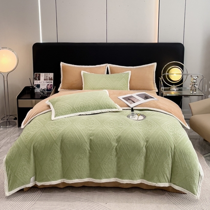 金米诺 2024直播爆款轻奢宽边纯色立体雕花牛奶绒四件套 ⁮浅绿