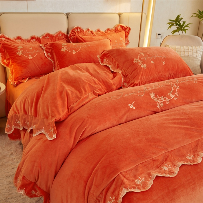 91家纺网 家纺一手货源 找家纺 恒爱家纺 2023新款宝宝绒花好月圆床单款四件套 爱玛橙