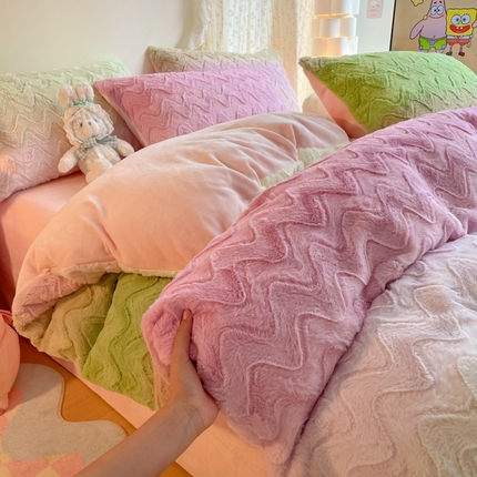 安哆啦家纺 2024新款加厚9斤印花獭兔毛绒兔兔绒剪花刷花牛奶绒四件套 马卡龙