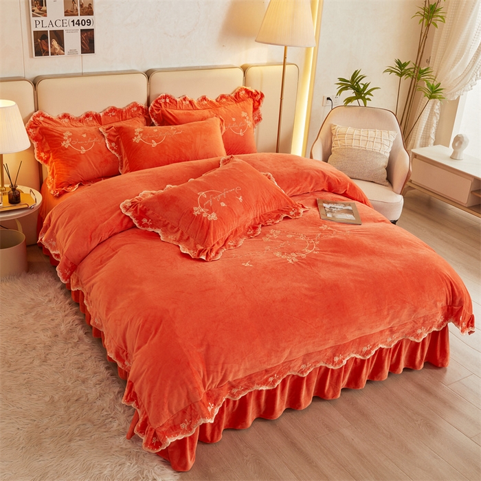 91家纺网 家纺一手货源 找家纺 恒爱家纺 2023新款宝宝绒花好月圆床单款四件套 爱玛橙