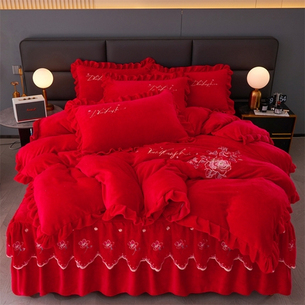 恒爱家纺 2023新款牡丹花开床裙款牛奶绒四件套 大红