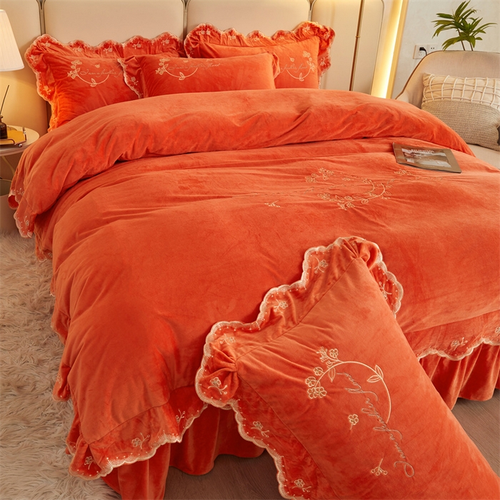 91家纺网 家纺一手货源 找家纺 恒爱家纺 2023新款宝宝绒花好月圆床单款四件套 爱玛橙