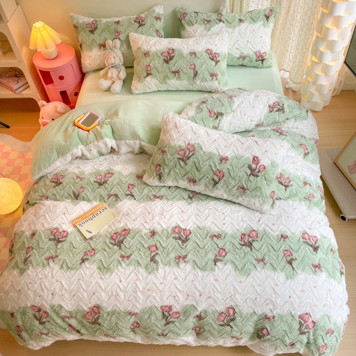 91家纺网 家纺一手货源 找家纺 安哆啦家纺 2024新款加厚9斤印花獭兔毛绒兔兔绒剪花刷花牛奶绒四件套 郁金香