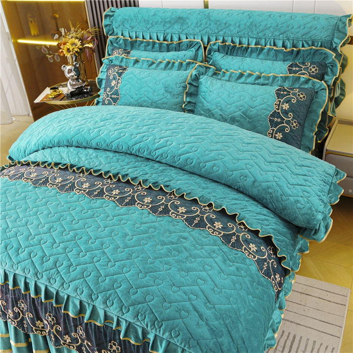 91家纺网 家纺一手货源 找家纺 新款心心相印蕾丝款水晶绒保暖床裙四件套 心心相印蕾丝款-翡翠绿