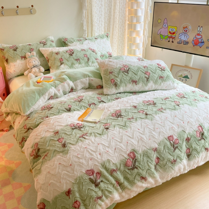 91家纺网 家纺一手货源 找家纺 安哆啦家纺 2024新款加厚9斤印花獭兔毛绒兔兔绒剪花刷花牛奶绒四件套 郁金香